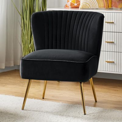 HULALA Home Velvet Accent Chair, Modern Upholstered Cute Side Chair with Gold Metal Legs, Armless Wingback Slipper Chair Comfy Living Room Chair for Bedroom Guest Room Vanity, Black