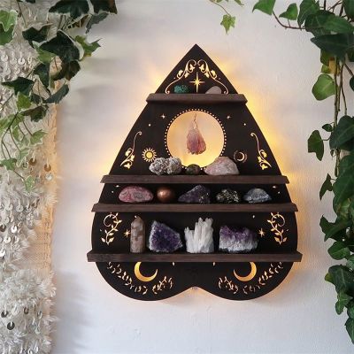 Wooden Crescent Moon Shelf Wall Decor, Wall Mounted Crystal Display Rack, Gothic Witchcraft Moon Crystal Wooden Frame, Round Wall Shelf for Unique Home Decor (Color : Heart)