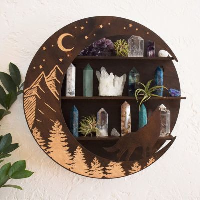 Vintage Crystal Wall Shelf, Lovely Wall Mounted Crystal Display Rack, Pagan Crystal Holder Shelf, Essential Oil Display Hand Butterfly Rack European Boho Decor for Stone Small Plant (Color : Walnut)
