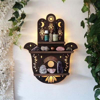 Wooden Crescent Moon Shelf Wall Decor, Wall Mounted Crystal Display Rack, Gothic Witchcraft Moon Crystal Wooden Frame, Round Wall Shelf for Unique Home Decor (Color : Finger)