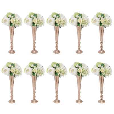 10 Pcs Tabletop Gold Metal Wedding Flower Trumpet Vase, 20.5 inch Table Decorative Centerpiece Artificial Flower Arrangements, Candelabra Candle Holder Stand Set, for Anniversary Ceremony Party