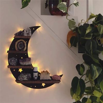 Black Crescent Moon Shelf, Wooden Crescent Moon Shelf Wall Decor, Decorative Boho Home Hanging Display Shelf, for Bedroom, Dorm, Nursery - Easy Mount Storage for Crystals and Essential Oils (Color :