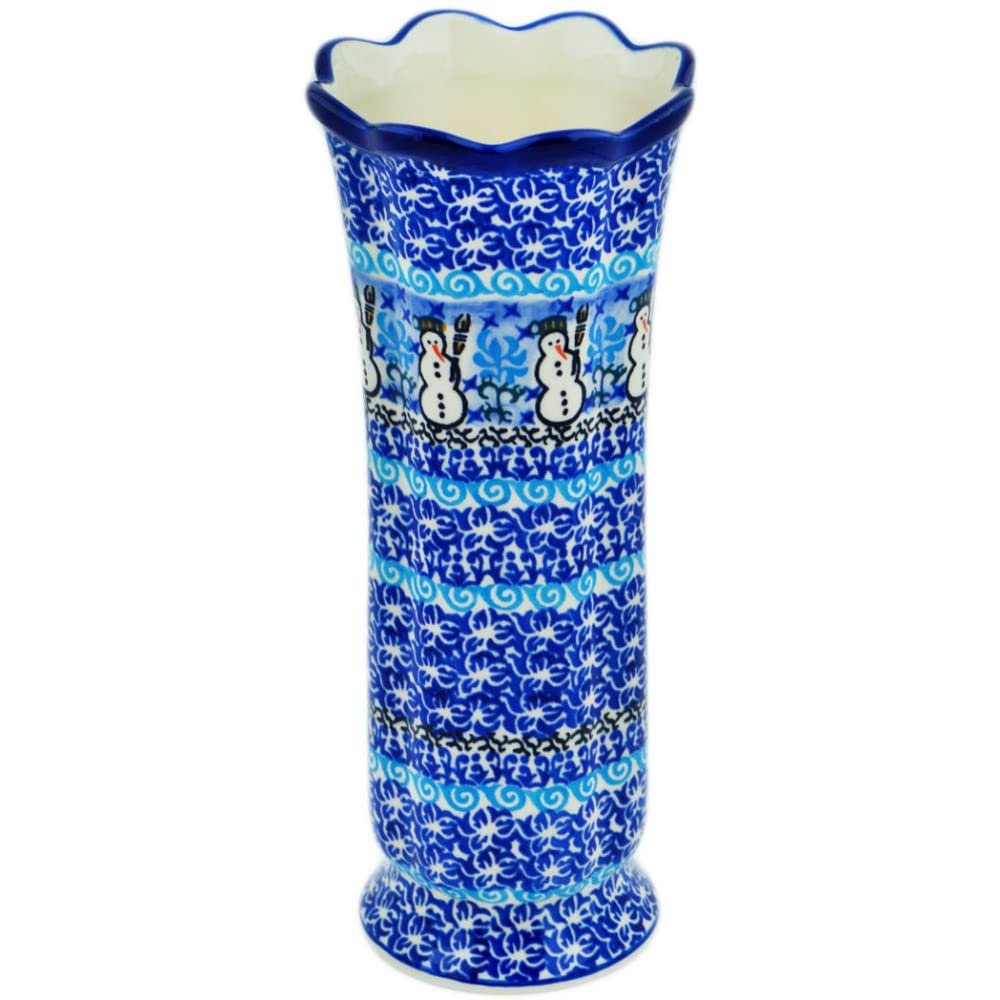 Polmedia Polish Pottery Vase UNIKAT - Snowmen Circle Pattern Handmade in Boleslawiec Poland by Ceramika Artystyczna + Certificate of Authenticity