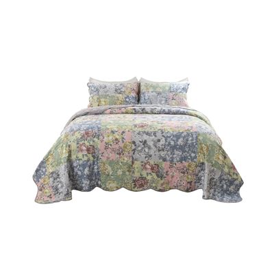 Benjara Eni 3 Piece Queen Cotton Quilt Set, Vibrant Pastel Flowers, Scalloped, Blue, Green, Pink