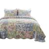 Benjara Eni 3 Piece Queen Cotton Quilt Set, Vibrant Pastel Flowers, Scalloped, Blue, Green, Pink view 2