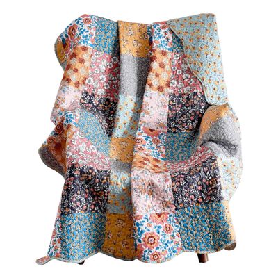 Benzara Turin 60 Inch Throw Blanket Microfiber Patchwork Floral Print Multicolor