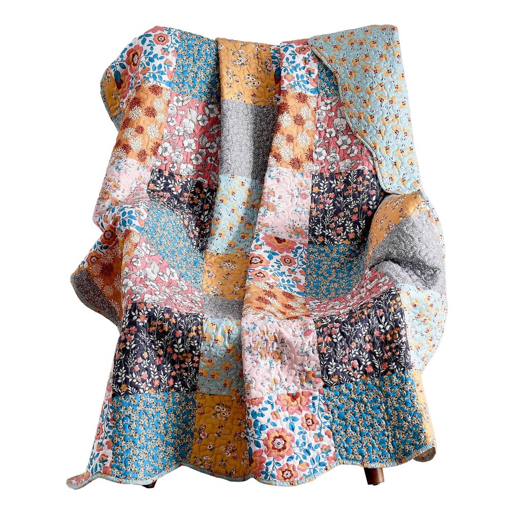 Benzara Turin 60 Inch Throw Blanket Microfiber Patchwork Floral Print Multicolor