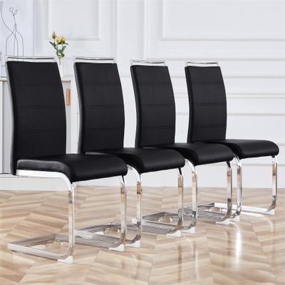 Baysitone Modern Dining Chairs Set of 4, PU Faux Leather High Back Upholstered Dining Room Side Chairs with Horizontal Stripe Backrest Design for Kitchen Living Room Black with Silver Legs