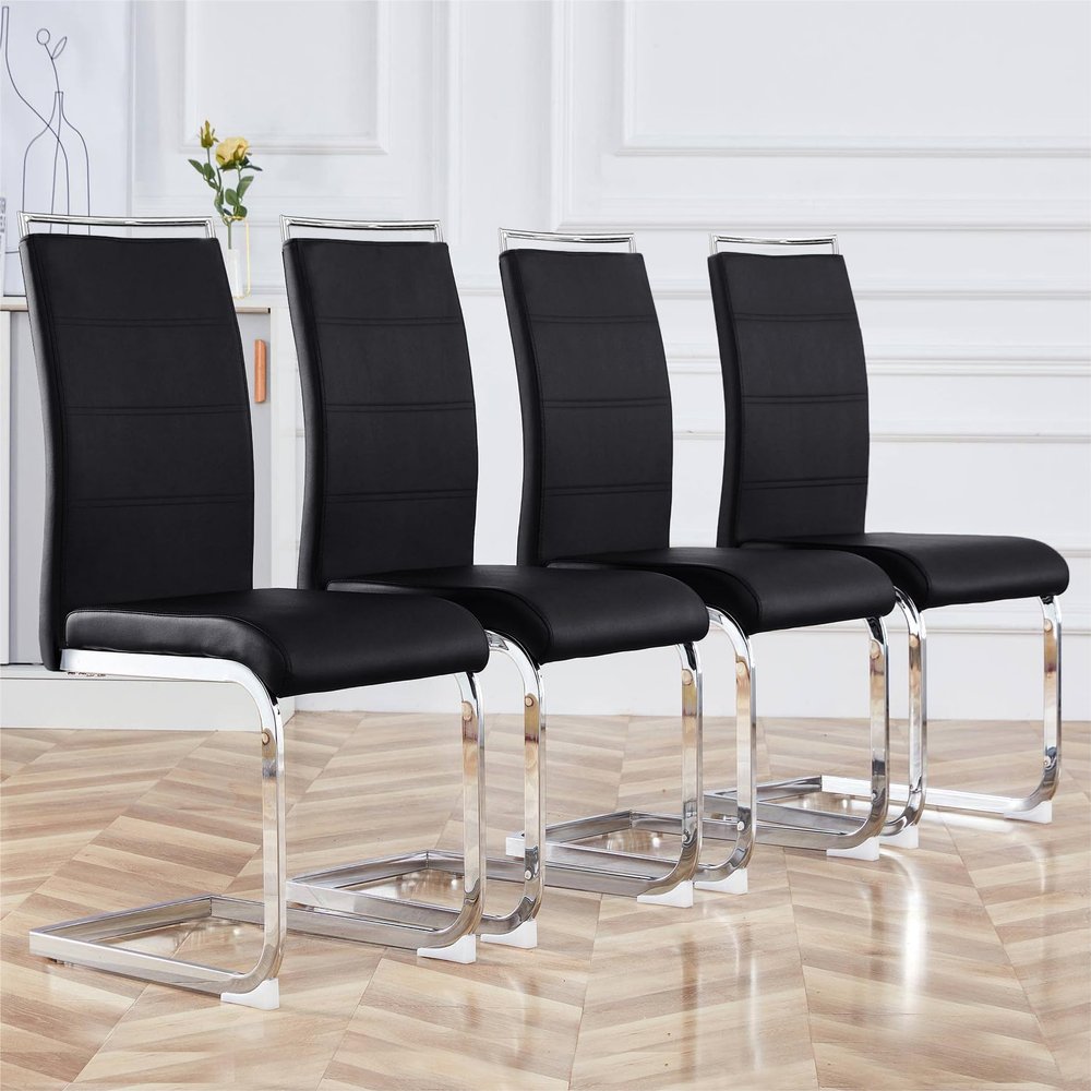 Baysitone Modern Dining Chairs Set of 4, PU Faux Leather High Back Upholstered Dining Room Side Chairs with Horizontal Stripe Backrest Design for Kitchen Living Room Black with Silver Legs