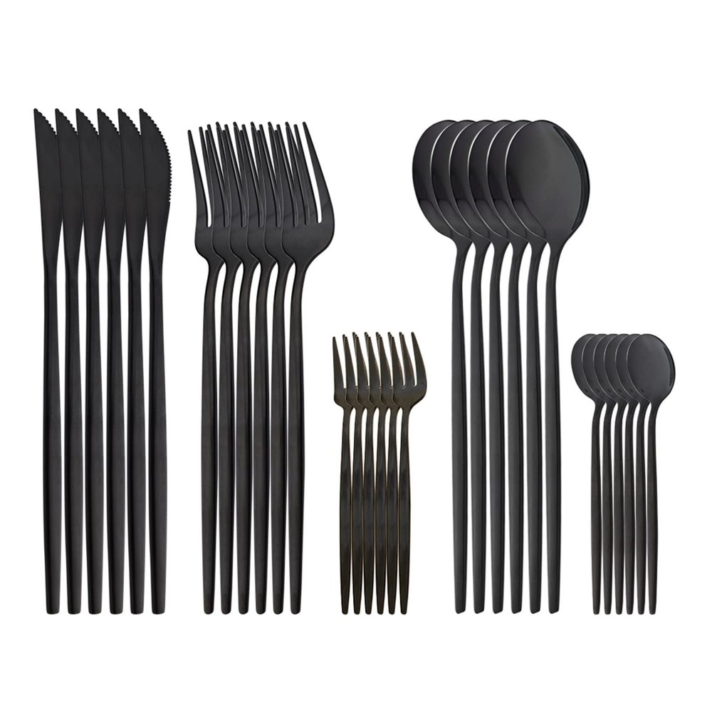 NEPIAN Flatware Dinner Fruit Cake Fork Dinnerware Mirror Set 30pcs Cutlery Mirror Stainless Steel Kitchen Tableware Silverware leisurely (Color : Black)