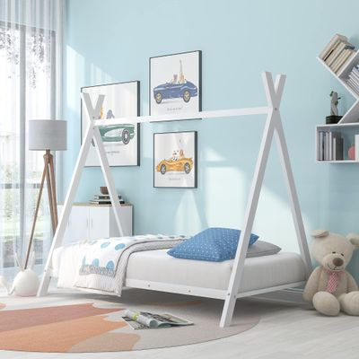 SECOLI Metal Twin Bed Frame House Bed Tent Bed Frame Twin Size Metal Floor Play House Bed with Slat, No Box Spring Needed White