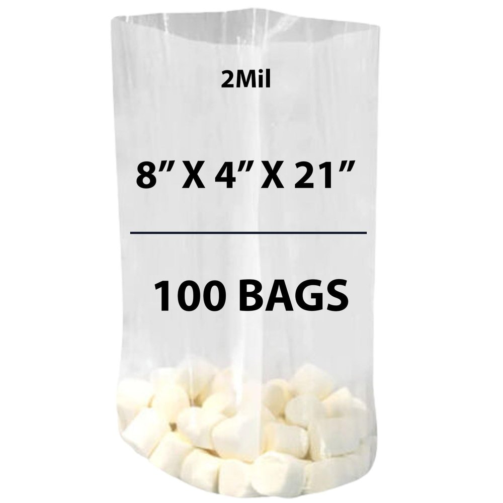 Clear Gusseted Bags, 2Mil 8" X 4" X 21" & 100 Bags | LDPE Material, For Food Packaging, Storage & Display | Heat Sealable Plastic Bag, Ideal for Bakery, Deli, Snacks, and Commercial Use