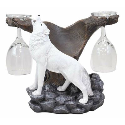 1 Pcs of Howling Arctic White Snow Wolf Wine Valet Statue As Bottle and 2 Glasses Holder
