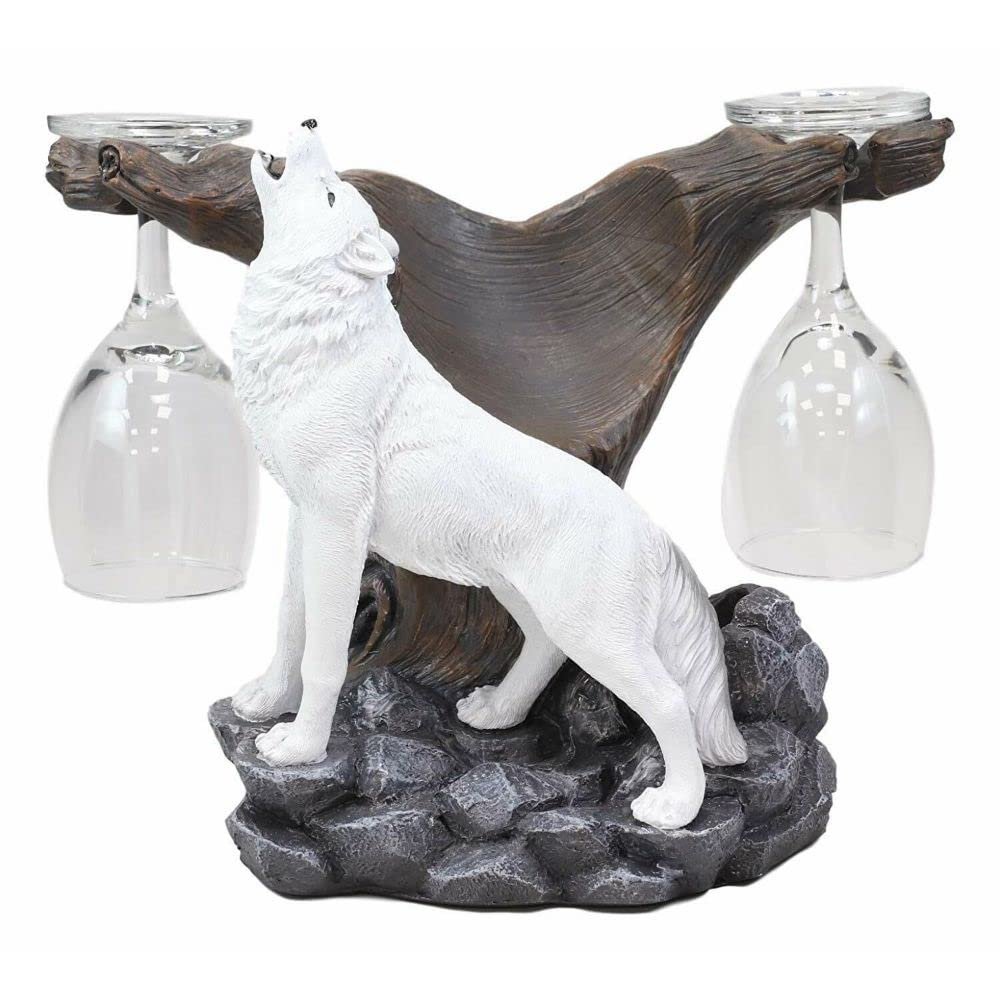1 Pcs of Howling Arctic White Snow Wolf Wine Valet Statue As Bottle and 2 Glasses Holder