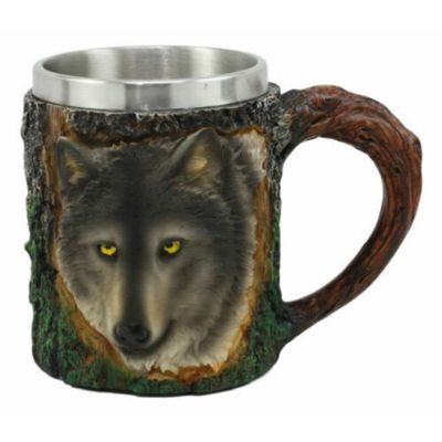 1 Pcs Of Woodland Animal Totem Spirit Gray Wolf Mug Textured With Rustic Tree Bark Design