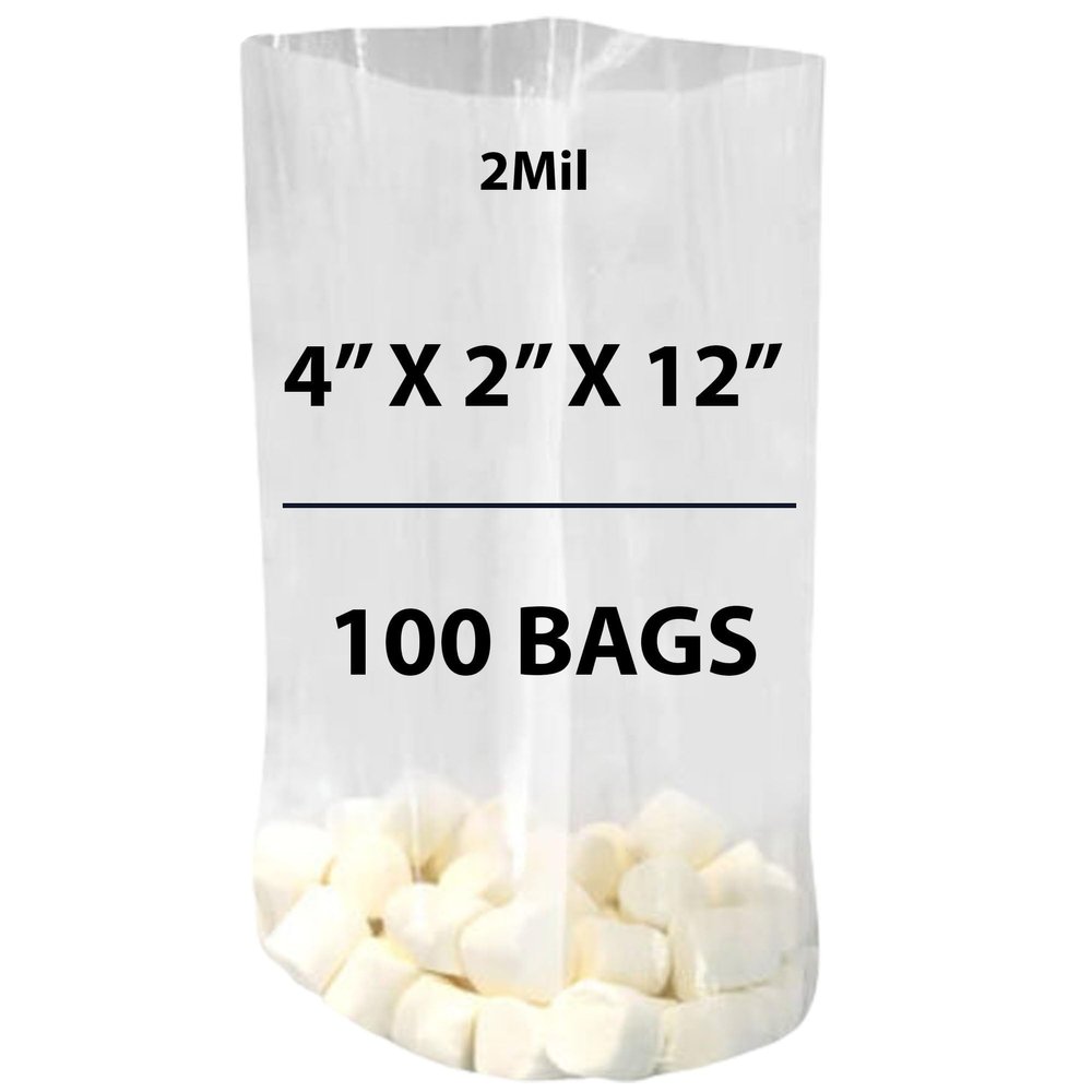 Clear Gusseted Bags, 2Mil 4" X 2" X 12" & 100 Bags | LDPE Material, For Food Packaging, Storage & Display | Heat Sealable Plastic Bag, Ideal for Bakery, Deli, Snacks, and Commercial Use