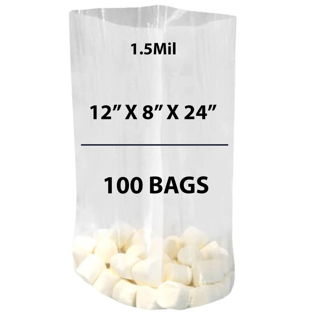 Clear Gusseted Bags 1.5Mil, 12" X 8" X 24" & 100 Bags | LDPE Material, For Food Packaging, Storage & Display | Heat Sealable Plastic Bag, Ideal for Bakery, Deli, Snacks, and Commercial Use
