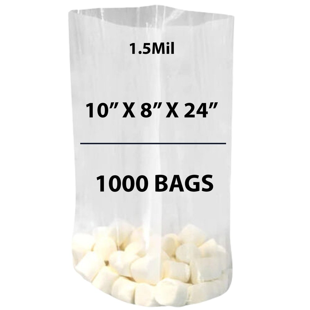 Clear Gusseted Bags 1.5Mil, 10" X 8" X 24" & 1000 Bags | LDPE Material, For Food Packaging, Storage & Display | Heat Sealable Plastic Bag, Ideal for Bakery, Deli, Snacks, and Commercial Use