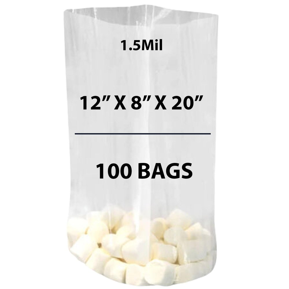 Clear Gusseted Bags 1.5Mil, 12" X 8" X 20" & 100 Bags | LDPE Material, For Food Packaging, Storage & Display | Heat Sealable Plastic Bag, Ideal for Bakery, Deli, Snacks, and Commercial Use