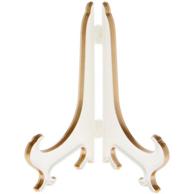 Bard's Hinged White and Gold Plastic Plate Stand, 5" H x 4" W x 3.5" D (For 5" - 7.5" Plates), Pack of 3