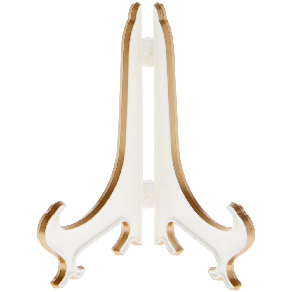 Bard's Hinged White and Gold Plastic Plate Stand, 5" H x 4" W x 3.5" D (For 5" - 7.5" Plates), Pack of 3