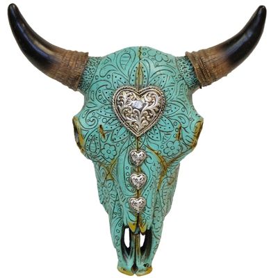 De Leon Collections Paisley Turquoise Floral with Concho Heart Distressed Carved Cow Bull Steer Skull Hanging Wall Dcor
