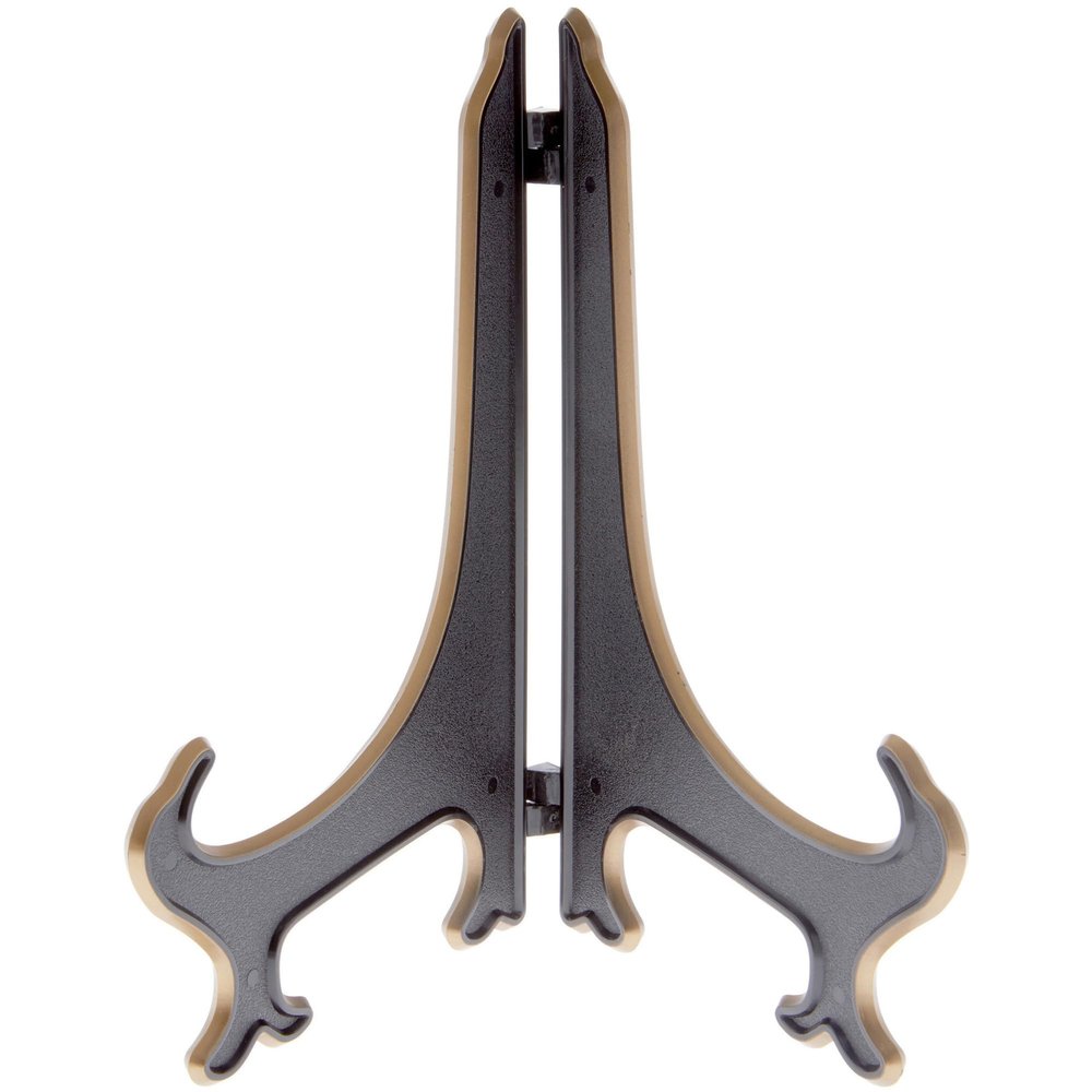 Bard's Hinged Black and Gold Plastic Plate Stand, 9" H x 7" W x 6" D (For 9" - 10.5" Plates)