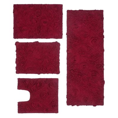 Functional Durable Red Maroon Cotton Bathroom Rugs Sets 4 Piece with Pretty Floral Tufted Pattern On Solid Background | Non Slip Back Quick Water Absorbent | Soft Plush Warm Cozy Underfoot Feel