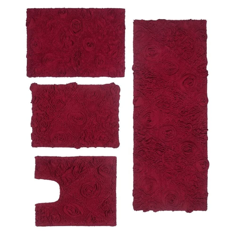 Functional Durable Red Maroon Cotton Bathroom Rugs Sets 4 Piece with Pretty Floral Tufted Pattern On Solid Background | Non Slip Back Quick Water Absorbent | Soft Plush Warm Cozy Underfoot Feel
