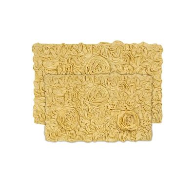 All Season Durable Butter Yellow Cotton Bathroom Rugs Sets 2 Piece with Pretty Floral Tufted Pattern On Solid Background | Non Slip Back Quick Water Absorbent | Soft Plush Warm Cozy Underfoot Feel