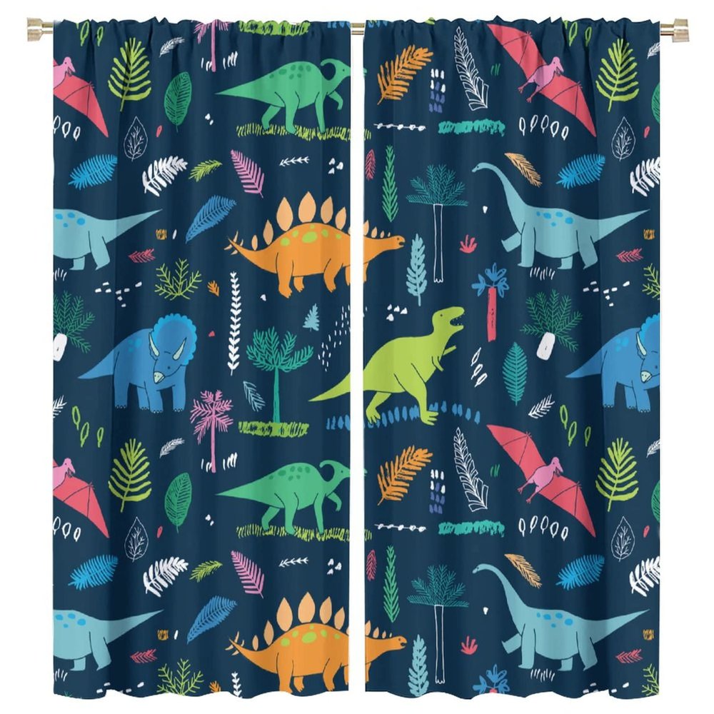 AuiMzoo Dinosaur Blackout Curtains, Cute Dinosaur Animal Print Pattern Rod Pocket Window Treatments for Kids Boys Girls Bedroom Living Room Nursery Curtains63X72 Inch