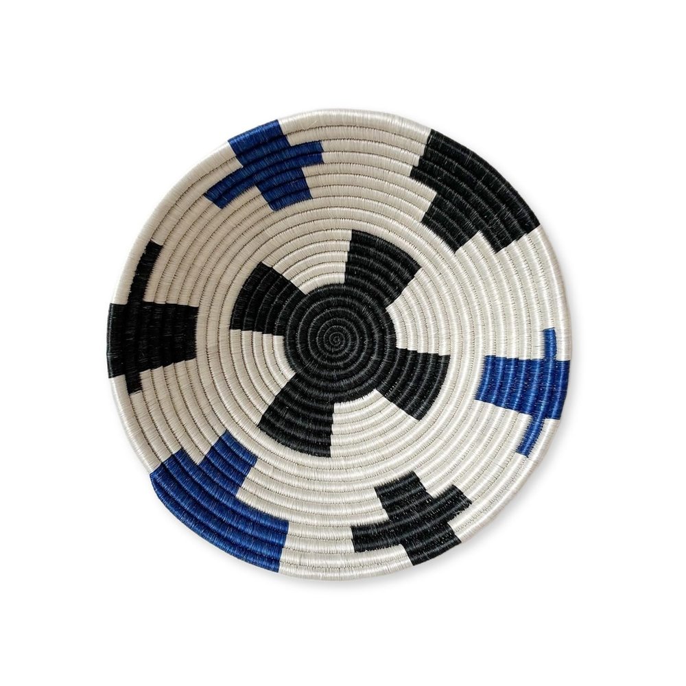 African Basket - Siwe/Rwanda Basket/Woven Bowl/Sisal & Sweetgrass Basket/Black, White, Blue