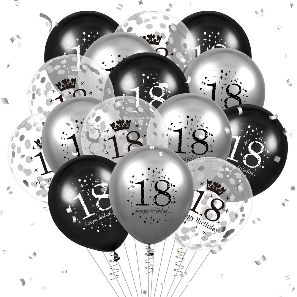 18th Birthday Balloons Decorations 15pcs Black Silver Happy 18th Birthday Party Latex Confetti Balloons for Men Women Kids Boys Girls 18th Anniversary Happy Birthday Party Decor Supplies 12 inches