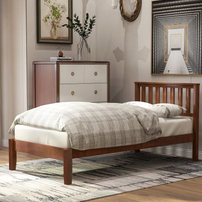 SECOLI Wooden Twin Bed Frame Wood Platform Bed with Headboard/Wood Slat SupportTwin (Walnut)