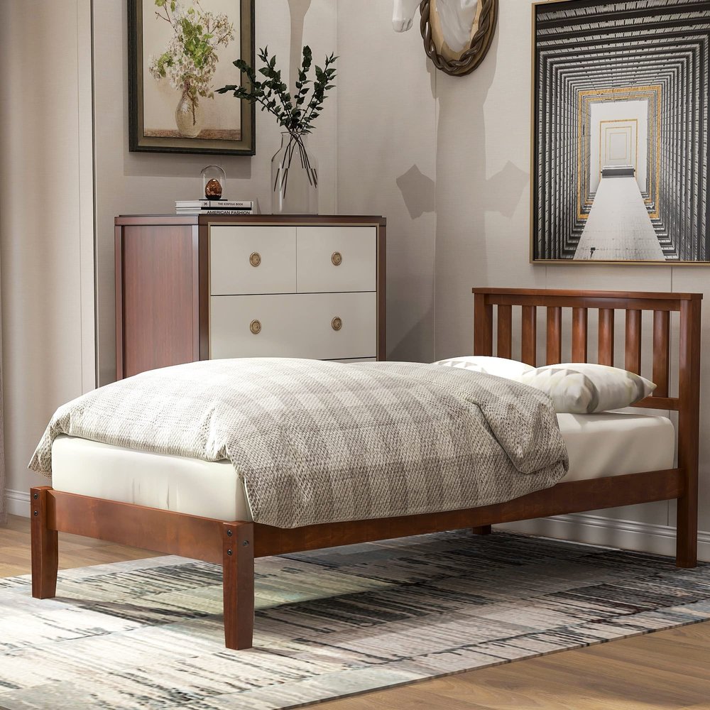 SECOLI Wooden Twin Bed Frame Wood Platform Bed with Headboard/Wood Slat SupportTwin (Walnut)