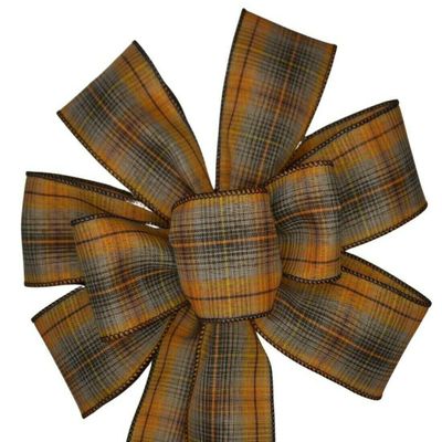 1 Pcs 10" Hand Made Orange & Brown Fall Plaid Wired Wreath Bow Thanksgiving Autumn