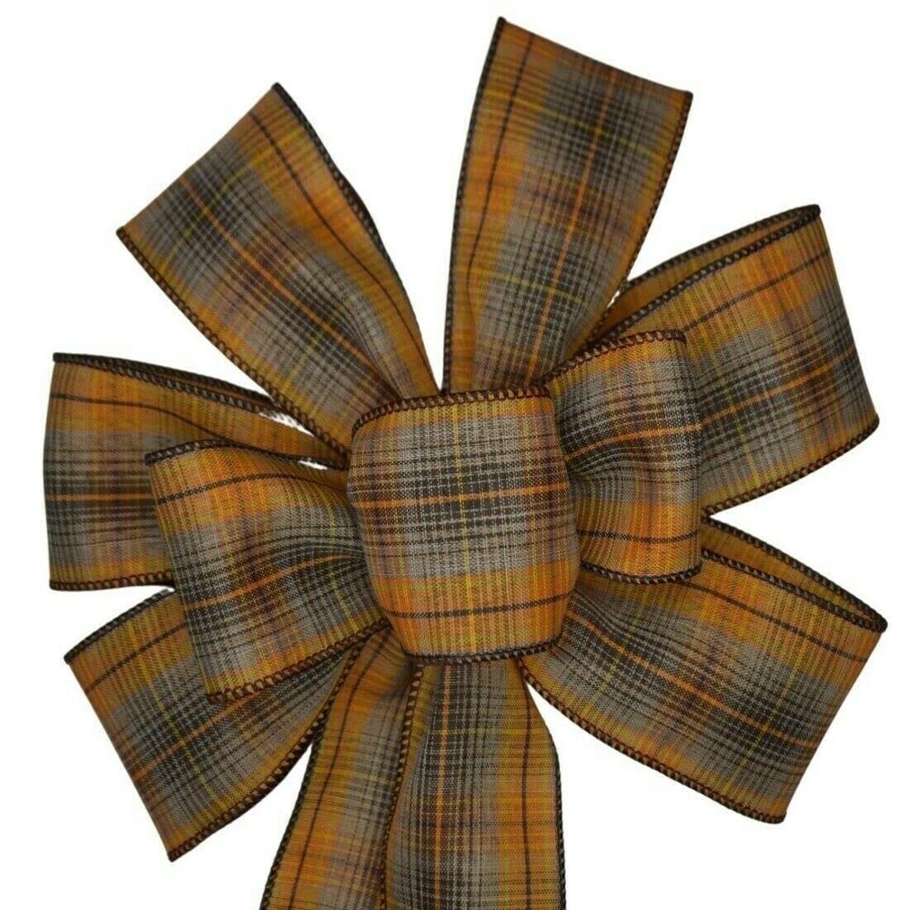 1 Pcs 10" Hand Made Orange & Brown Fall Plaid Wired Wreath Bow Thanksgiving Autumn