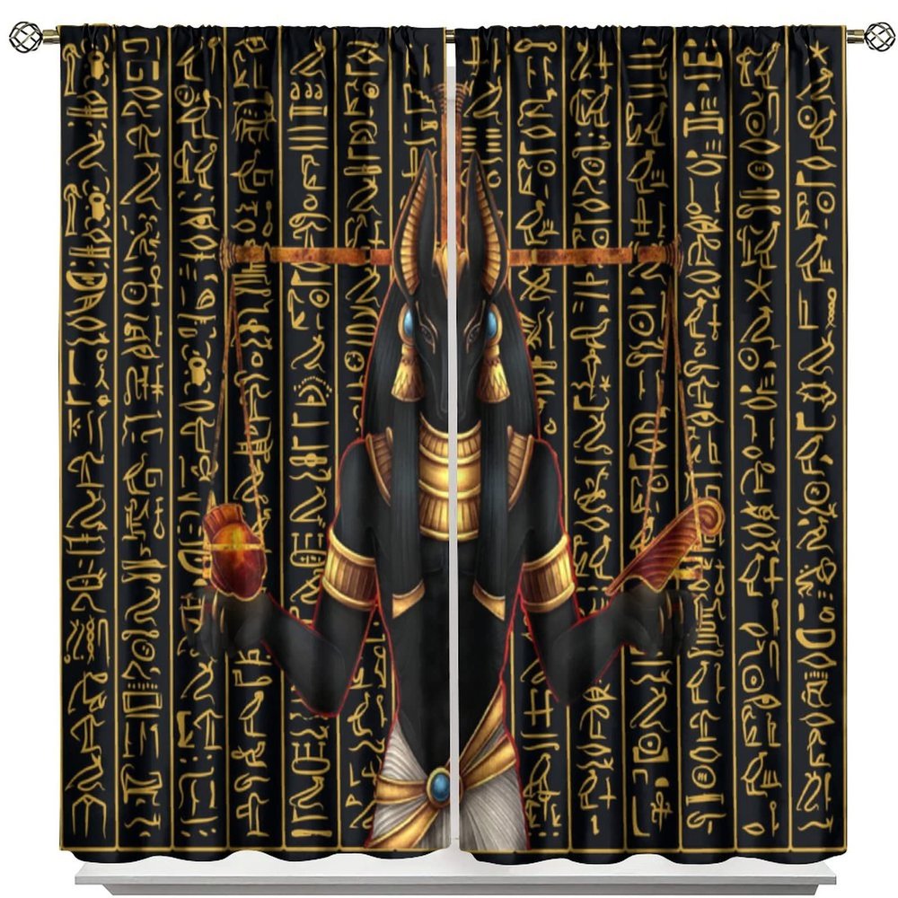 Egyptian Statue Blackout Curtains,Black Background Ancient Golden Egyptian Hieroglyphs Alphabet Pattern Window Drapes,Ancient Culture Asbstract Thermal Insulated Curtains for Living Room 84x84in