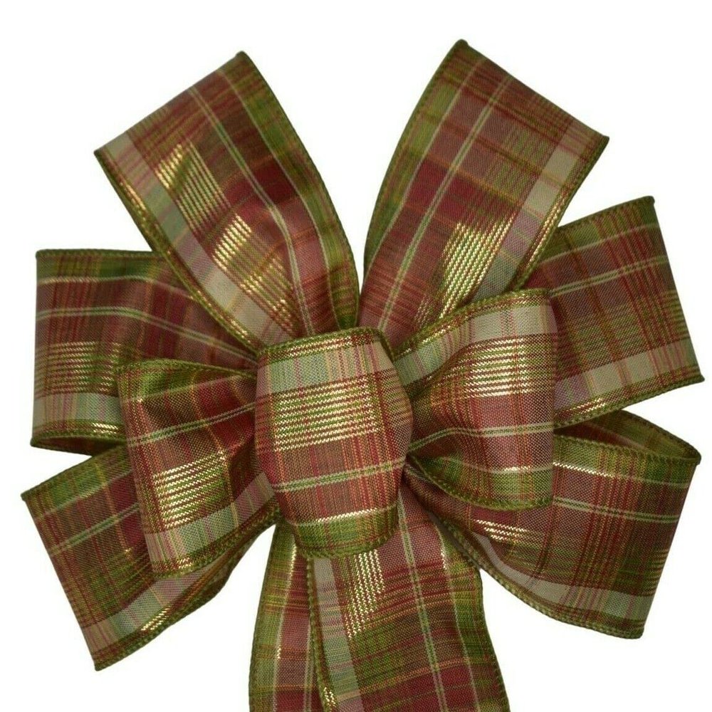 1 Pcs 10" Hand Made Burgundy & Tan Metallic Fall Plaid Wired Wreath Bow Thanksgiving