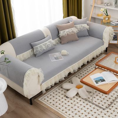 vctops Lace Sofa Couch Cover with Pearls, Soft Chenille Sectional Couch Covers Luxury Sofa Slipcover Furniture Protector for Dogs Cats Pet, 1 Piece/Not All Set (Light Grey,35"x82")