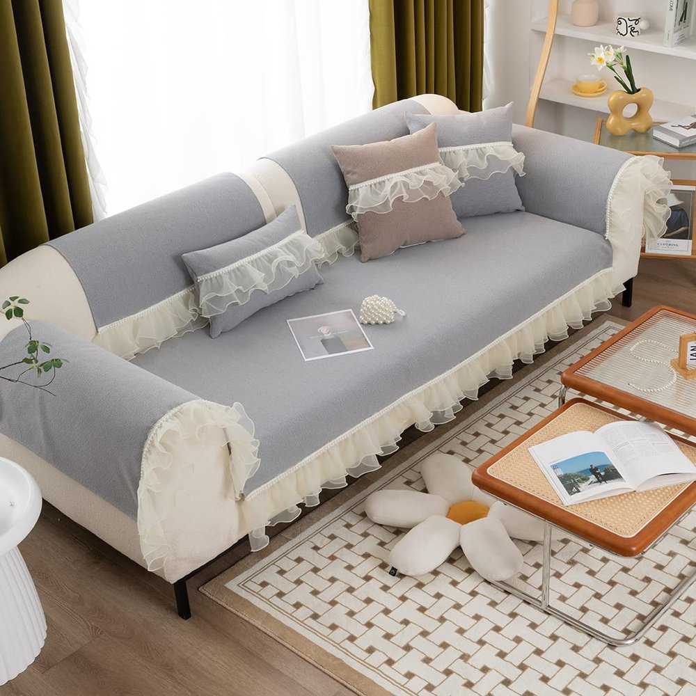 vctops Lace Sofa Couch Cover with Pearls, Soft Chenille Sectional Couch Covers Luxury Sofa Slipcover Furniture Protector for Dogs Cats Pet, 1 Piece/Not All Set (Light Grey,35"x82")