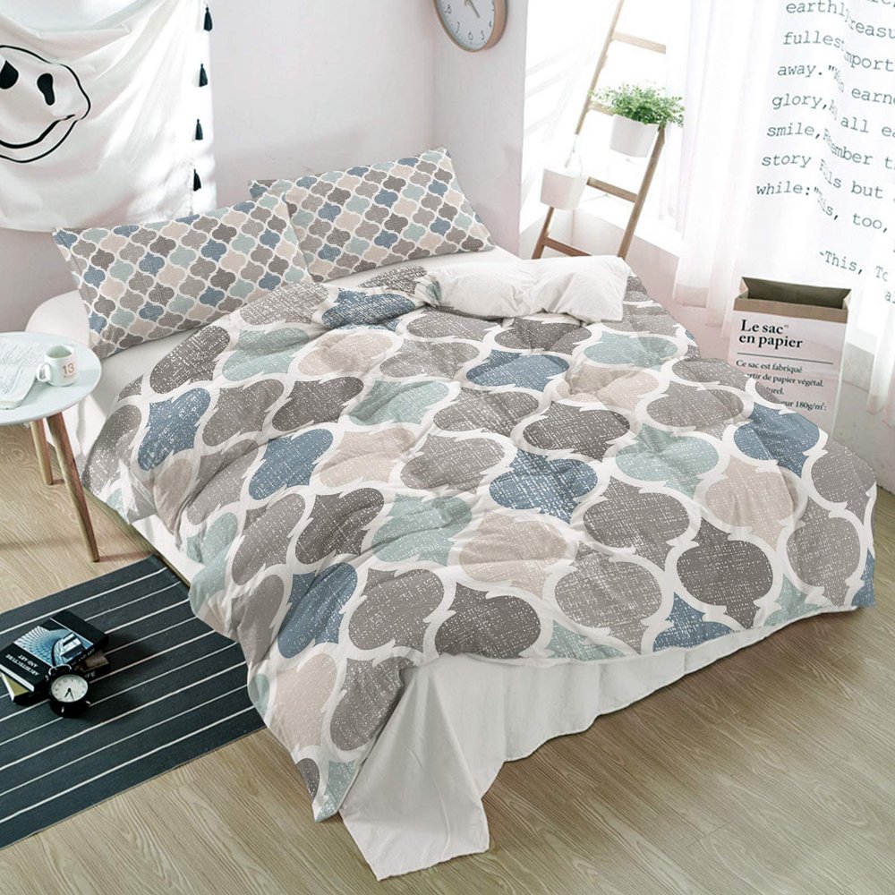 Alandar Home Duvet Cover Sets Retro Moroccan Pattern,3 Piece Bed Set Ultra Soft Quilt Covers and Pillowcases,Blue Grey Geometric Art Microfiber Bedding Set for Bedroom Guest Room Dorm Full
