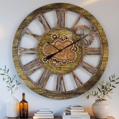 ImprovingLife The Gears Clock 36'' Inch Real Moving Gear Wall Clock Vintage Industrial Oversized Rustic Farmhouse (Gold Antique)