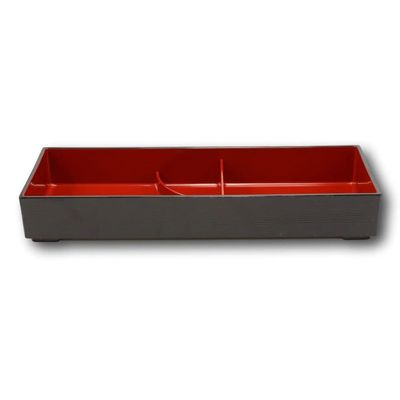 1 Pcs Of Red Black Japanese Long Bento Box With Dividers 3 Compartments Platter Plate