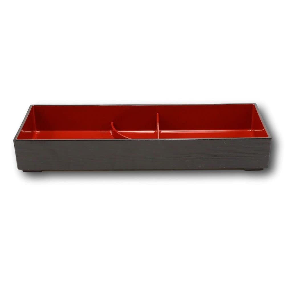 1 Pcs Of Red Black Japanese Long Bento Box With Dividers 3 Compartments Platter Plate