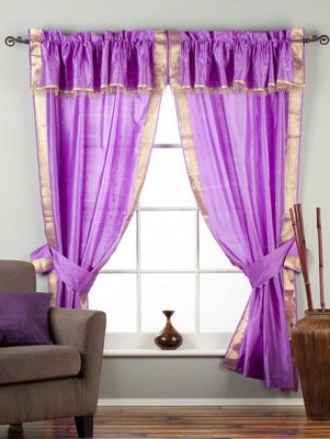 Indian Selections 2 Panels 2 Tiebacks-Gypsy Rod Pocket Hand Dyed Sari Curtain Window Treatment with Attached Beaded Valance for Bedroom, Hallway, Living Room, Door,Bed Canopy Lavender 43W 63L