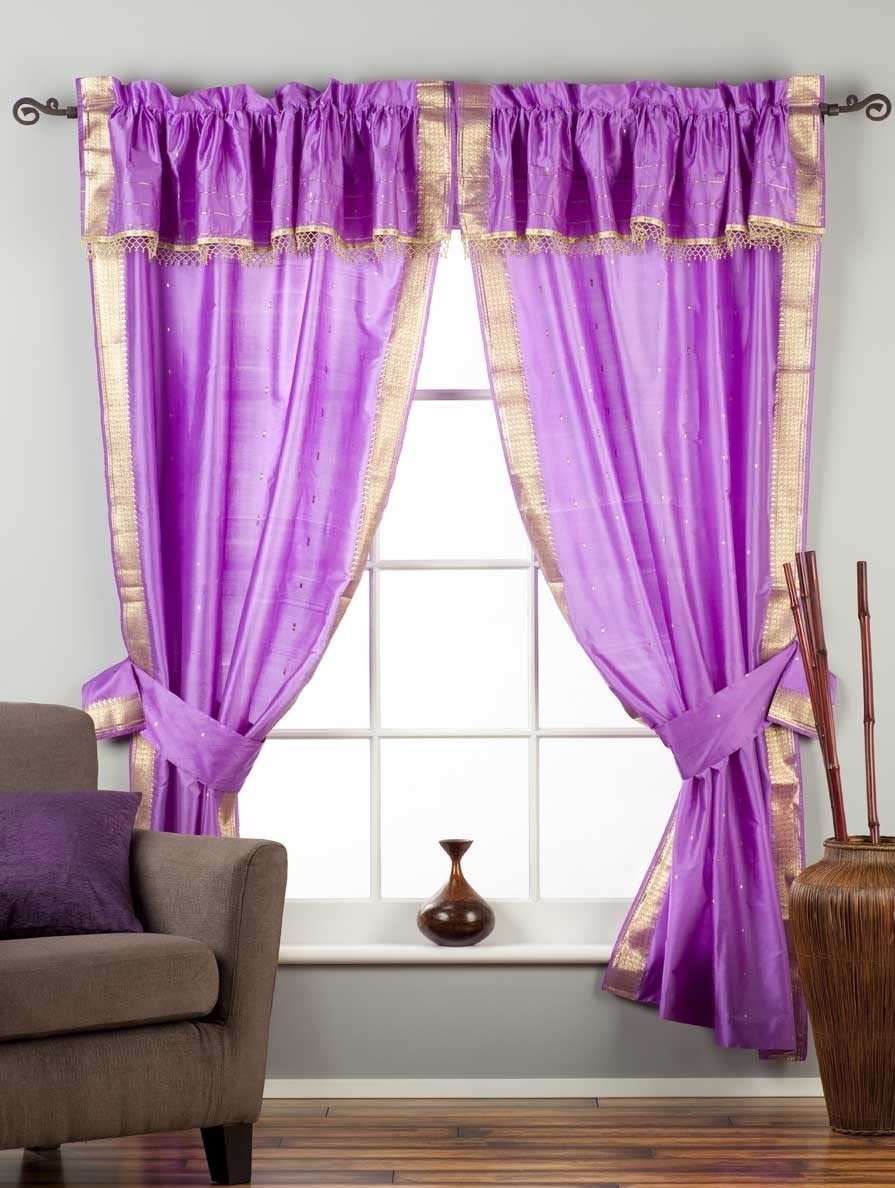 Indian Selections 2 Panels 2 Tiebacks-Gypsy Rod Pocket Hand Dyed Sari Curtain Window Treatment with Attached Beaded Valance for Bedroom, Hallway, Living Room, Door,Bed Canopy Lavender 43W 63L