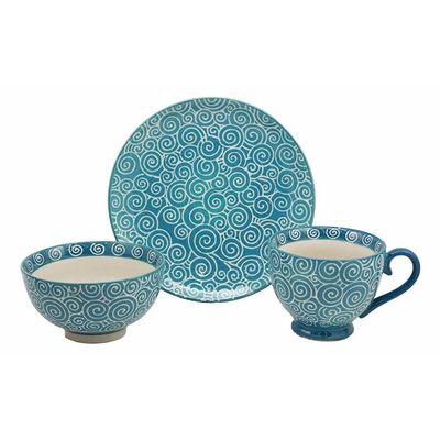 1 Set Of Aqua Blue Swirls Contemporary Designer Ceramic Dinnerware Bowl Mug Plate
