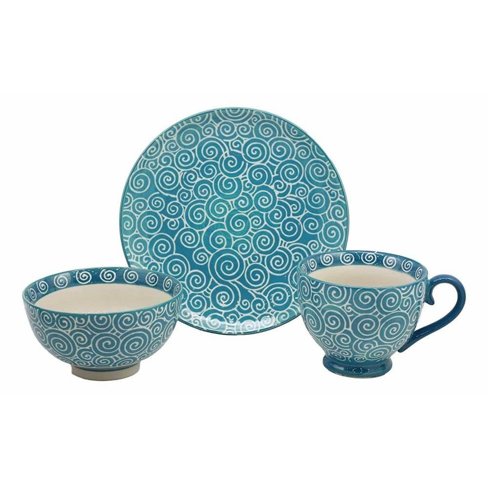 1 Set Of Aqua Blue Swirls Contemporary Designer Ceramic Dinnerware Bowl Mug Plate