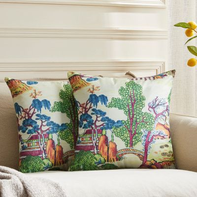 BLESFEST Pack of 2, Chinoiserie Pillow Cover 16 x 16 Inch Asian Scenic Coral and Green Throw Pillow Covers Linen Farmhouse Tree Leaves Pillow Case Cushion Covers for Sofa Couch Living Room